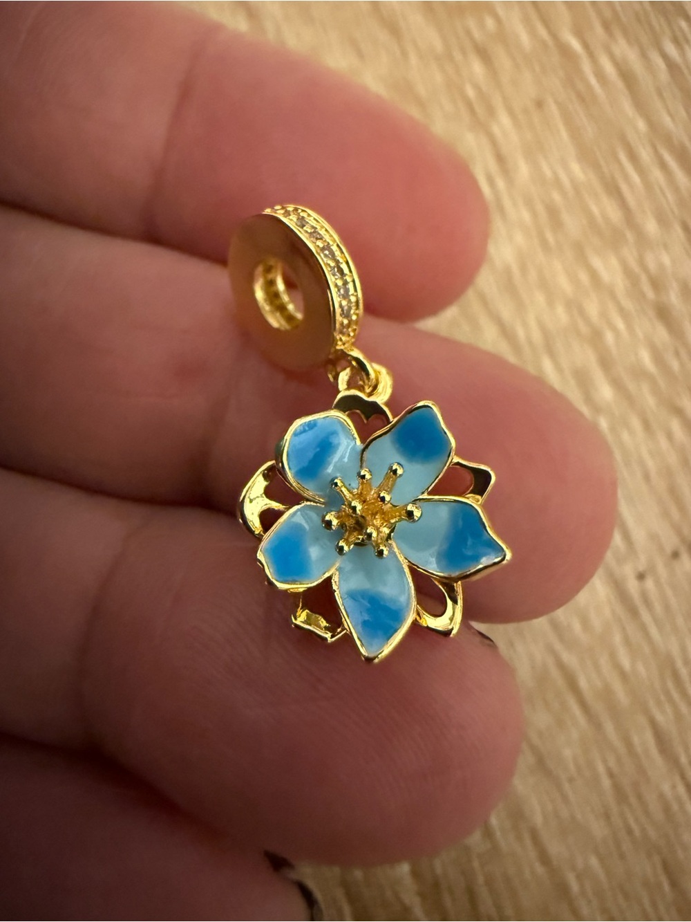 Gold and Blue Enamel Flower Charm Pendant - Unbranded